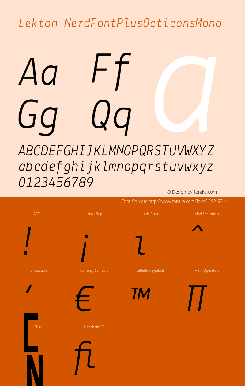 Lekton NerdFontPlusOcticonsMono Version 3.000 Font Sample