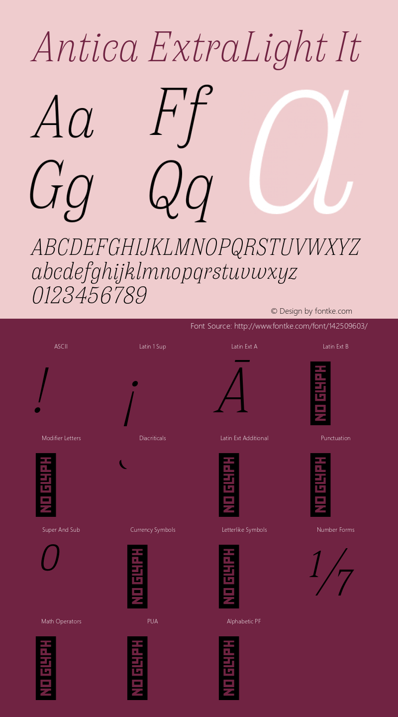 Antica ExtraLight It Version 1.000 Font Sample