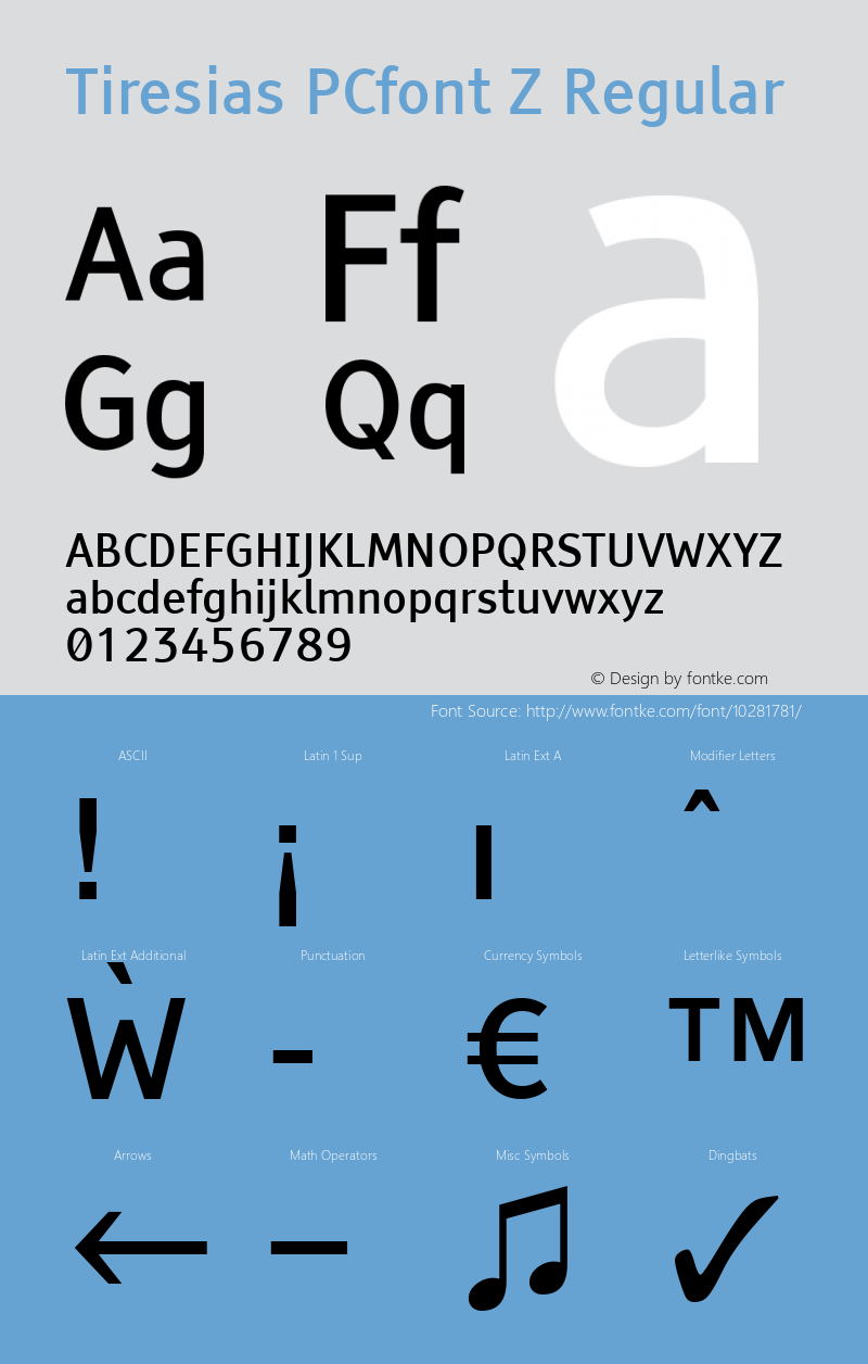 Tiresias PCfont Z Regular Version 1.0; 2000; initial release Font Sample