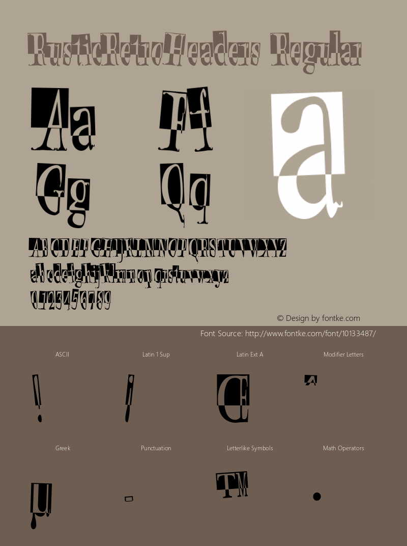 RusticRetroHeaders Regular Macromedia Fontographer 4.1 9/27/2004 Font Sample