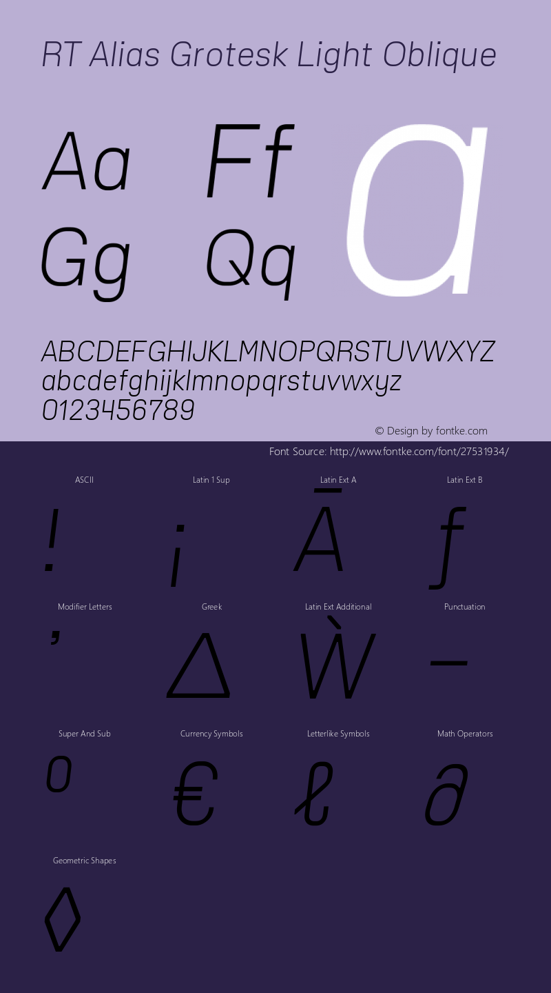 RT Alias Grotesk Light Oblique Version 1.000;PS 001.000;hotconv 1.0.88;makeotf.lib2.5.64775 Font Sample