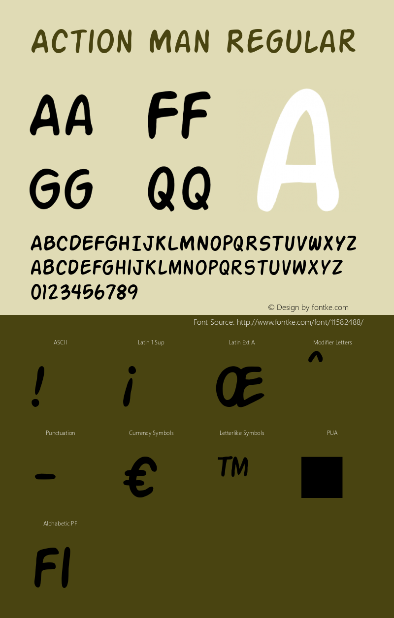 Action Man Regular ver 1.0; 2000. Freeware for non-commercial use. Font Sample