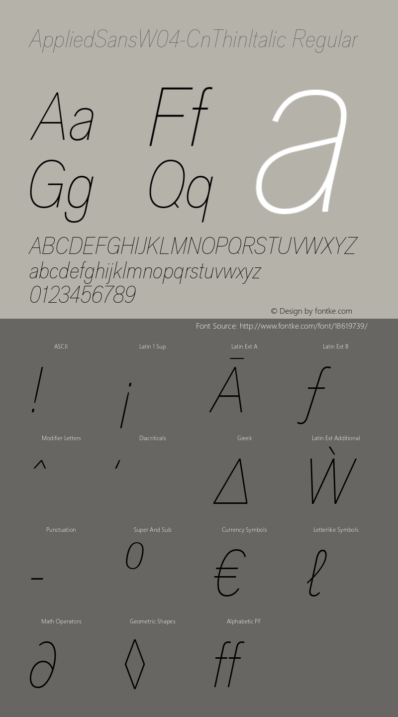 AppliedSansW04-CnThinItalic Regular Version 1.00 Font Sample