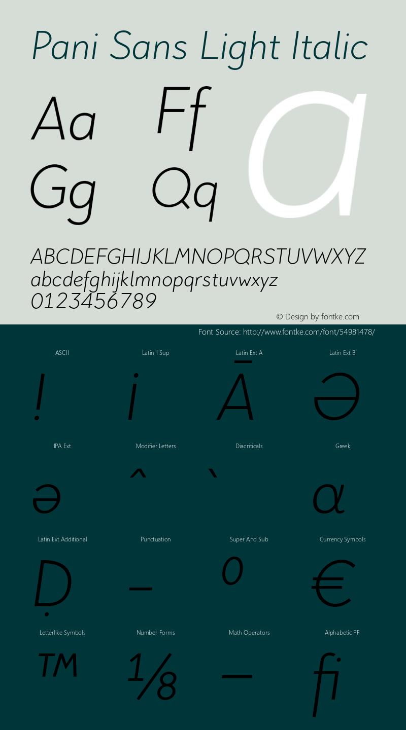 Pani Sans Light Italic Version 1.000;hotconv 1.0.109;makeotfexe 2.5.65596 Font Sample