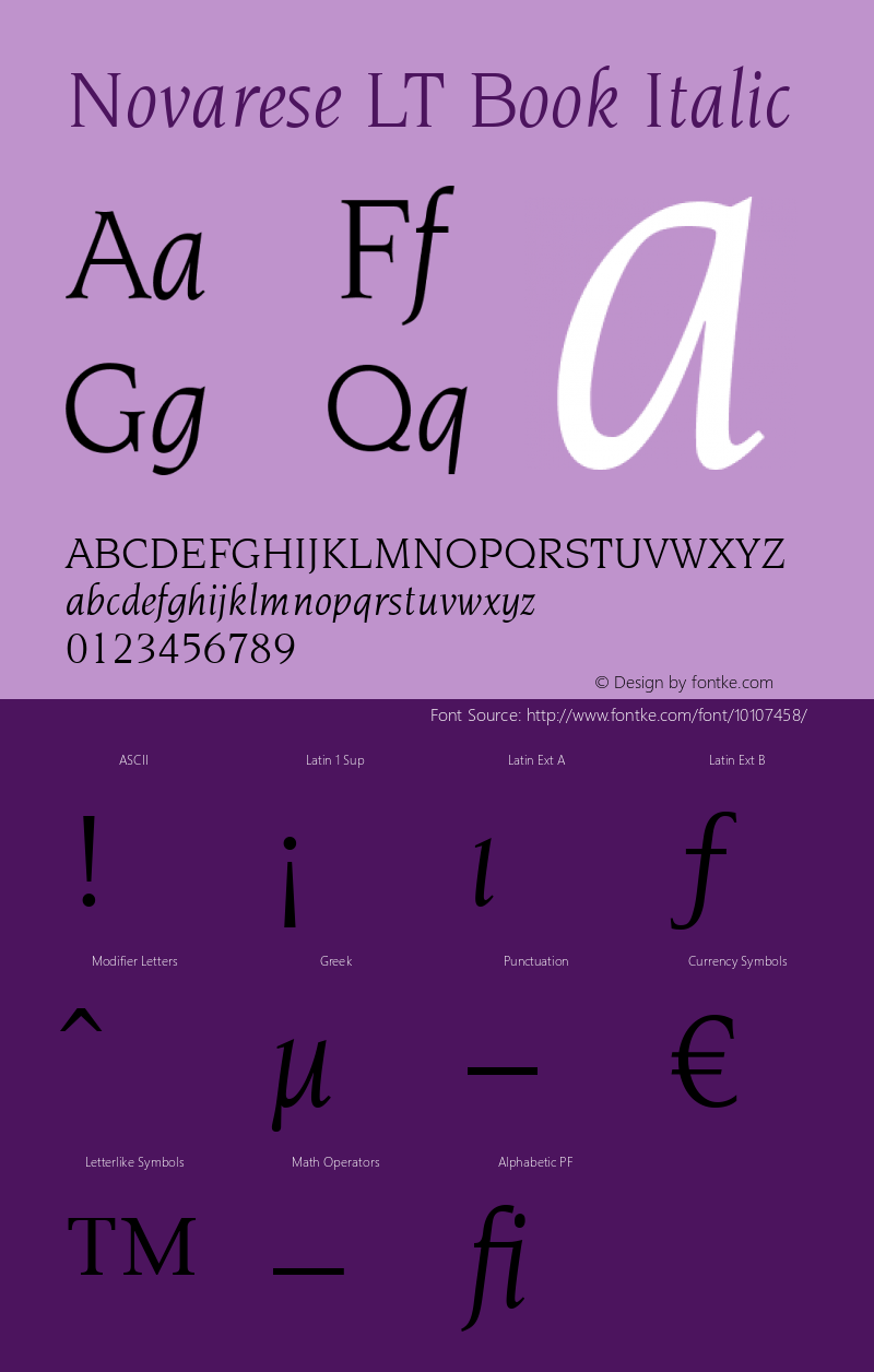 Novarese LT Book Italic Version 6.1; 2002 Font Sample
