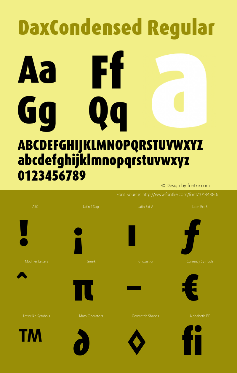 DaxCondensed Regular Version 1.005 2000 Font Sample