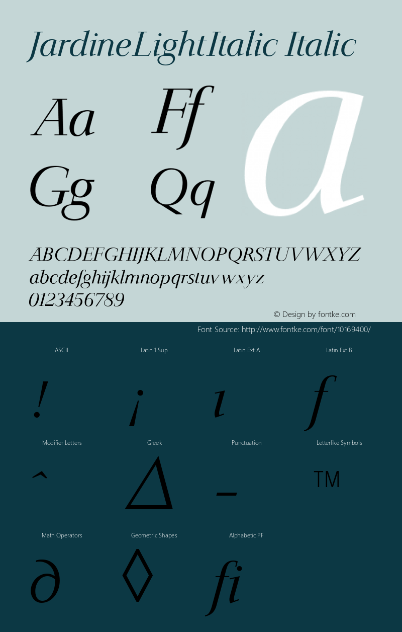 JardineLightItalic Italic August 16, 1993 v1.0 Font Sample