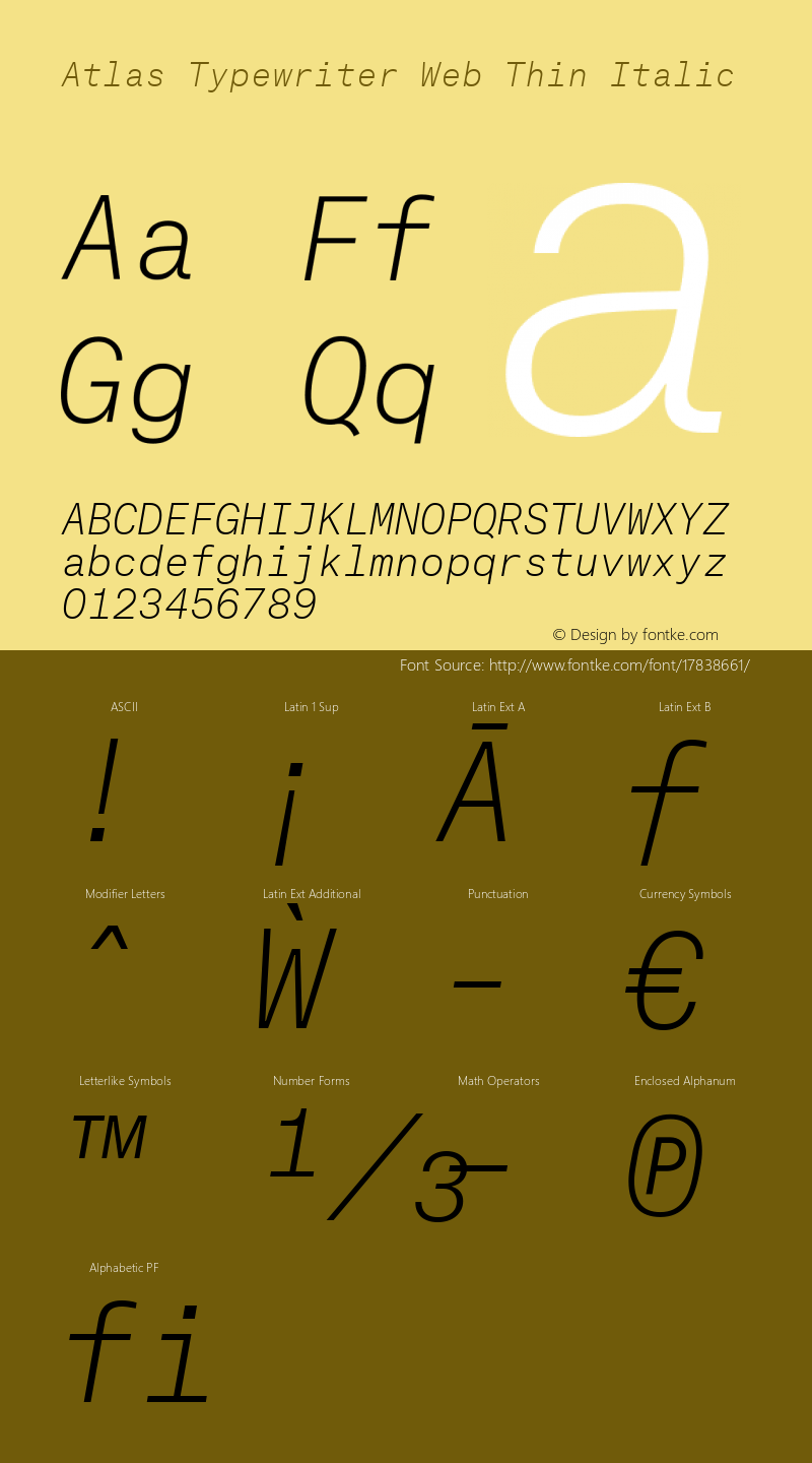 Atlas Typewriter Web Thin Italic Version 1.001 2012 Font Sample