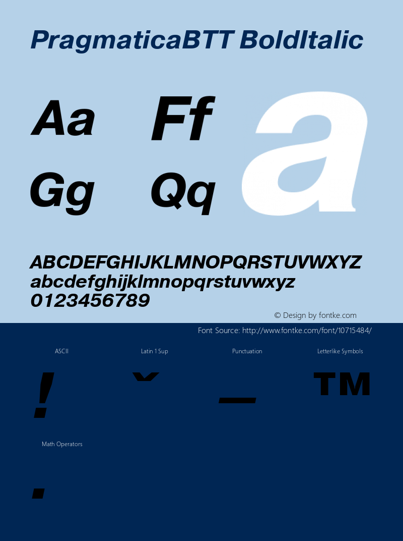 PragmaticaBTT BoldItalic TrueType Maker version 3.00.00 Font Sample