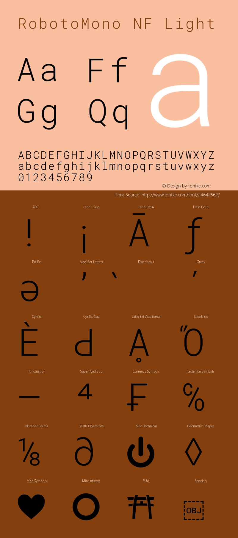 Roboto Mono Light Nerd Font Complete Mono Windows Compatible Version 2.000986; 2015; ttfautohint (v1.3) Font Sample