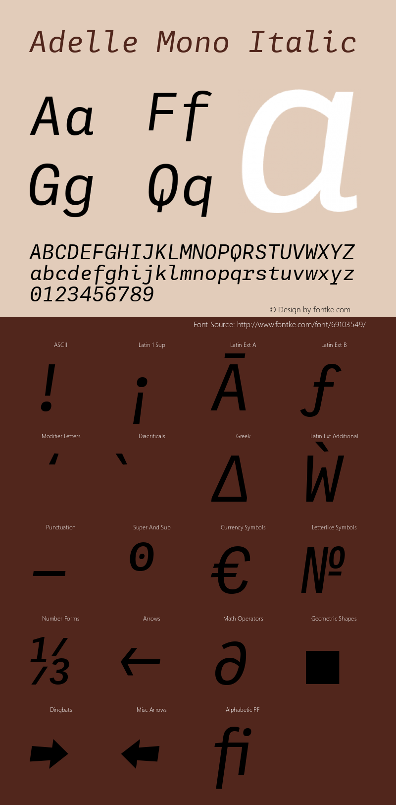 Adelle Mono Italic Version 1.001;hotconv 1.0.114;makeotfexe 2.5.65599 Font Sample