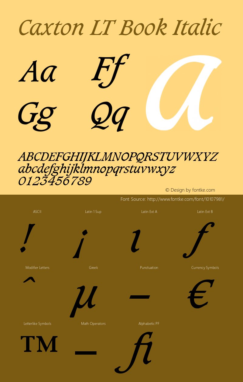 Caxton LT Book Italic Version 6.1; 2002 Font Sample