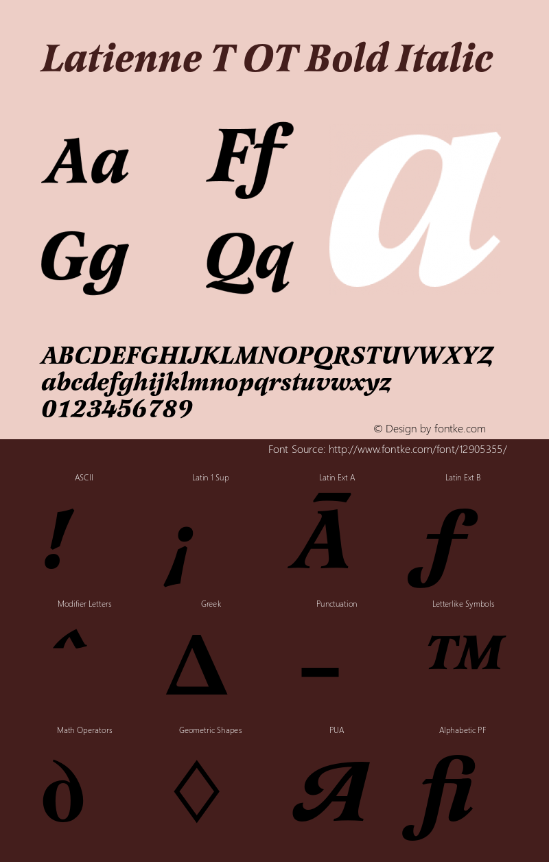 Latienne T OT Bold Italic OTF 1.001;PS 1.05;Core 1.0.27;makeotf.lib(1.11) Font Sample