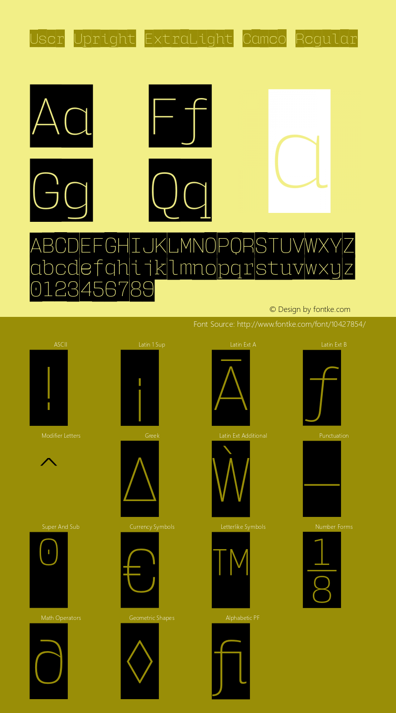 User Upright ExtraLight Cameo Regular Version 1.001;PS 001.001;hotconv 1.0.56;makeotf.lib2.0.21325 Font Sample