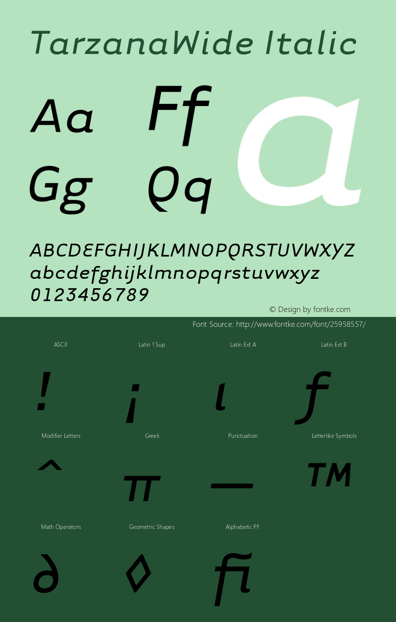 TarzanaWideItalic Version 001.000 Font Sample