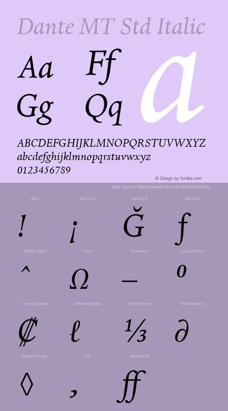 Dante MT Std Italic Version 1.047;PS 001.004;Core 1.0.38;makeotf.lib1.6.5960 Font Sample