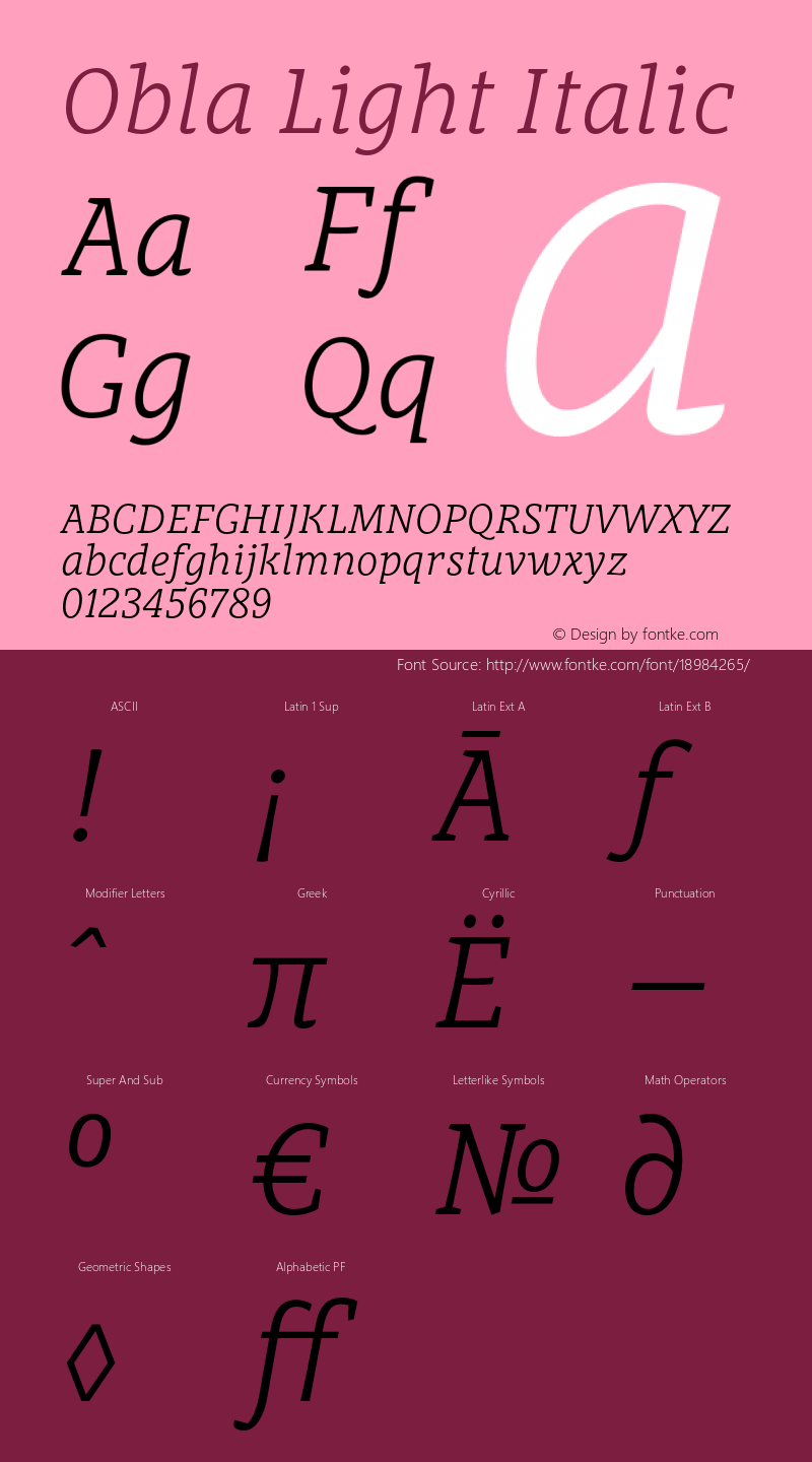 Obla Light Italic Version 1.000 2016 initial release Font Sample