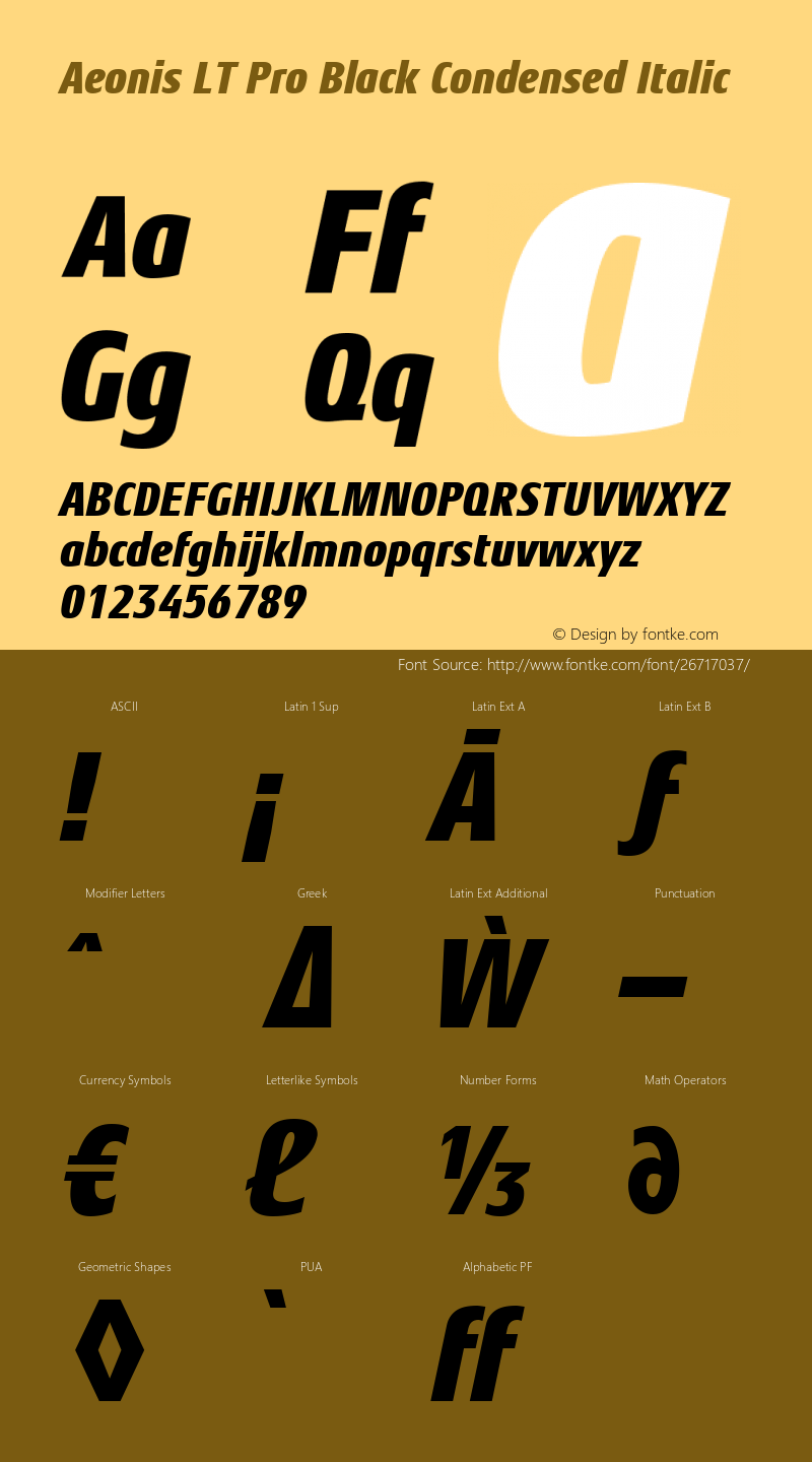 Aeonis LT Pro Black Cond It Version 1.100 Font Sample