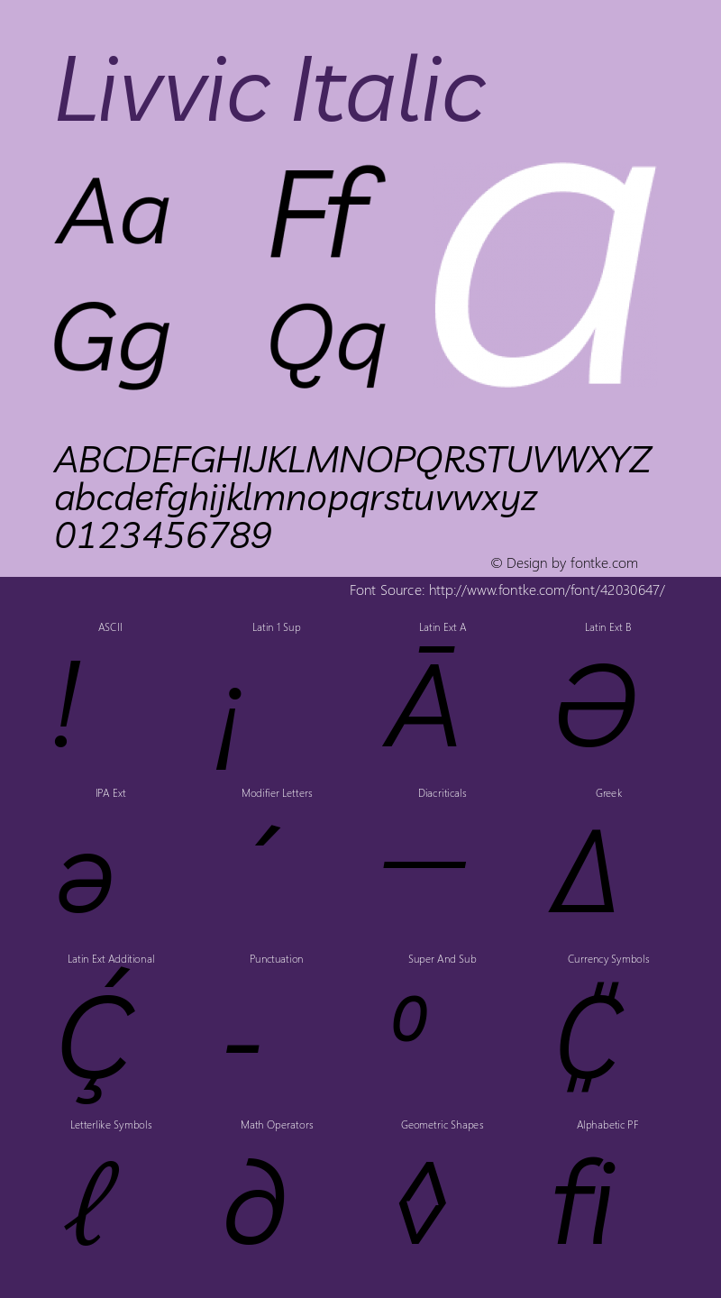 Livvic Italic Version 1.001; ttfautohint (v1.8.2) Font Sample