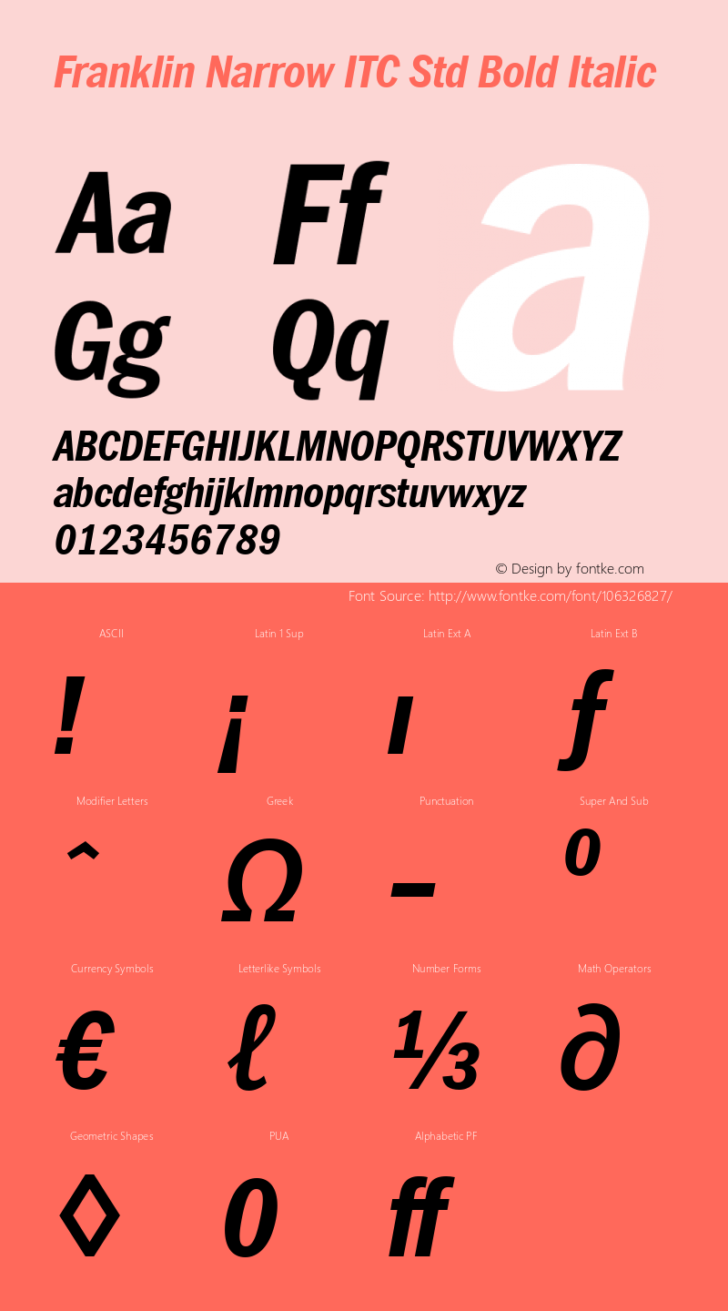 Franklin Narrow ITC Std Bold Italic Version 1.00 Font Sample