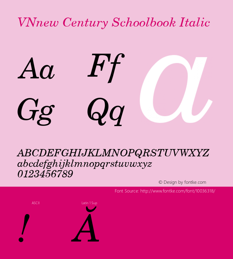 VNnew Century Schoolbook Italic Unknown Font Sample