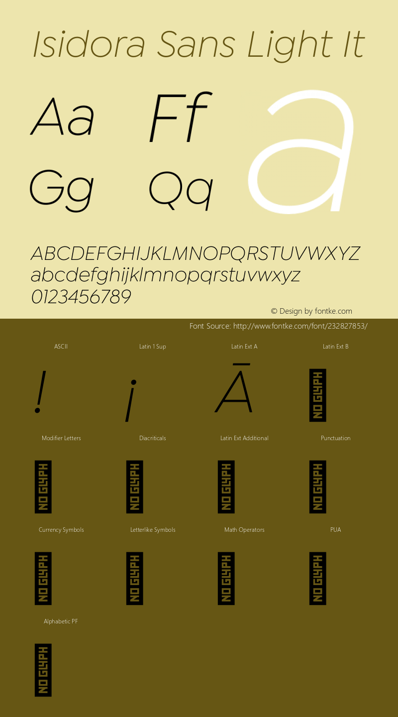 Isidora Sans Light It Version 1.000;PS 001.000;hotconv 1.0.88;makeotf.lib2.5.64775图片样张