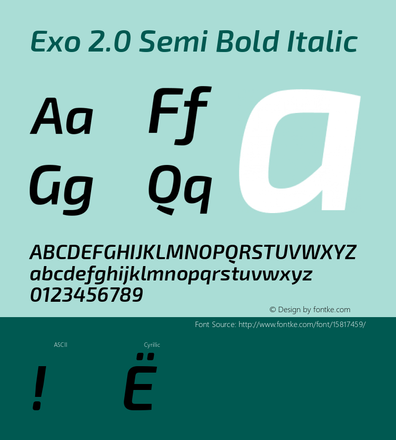 Exo 2.0 Semi Bold Italic Version 1.001;PS 001.001;hotconv 1.0.70;makeotf.lib2.5.58329; ttfautohint (v1.4.1) Font Sample