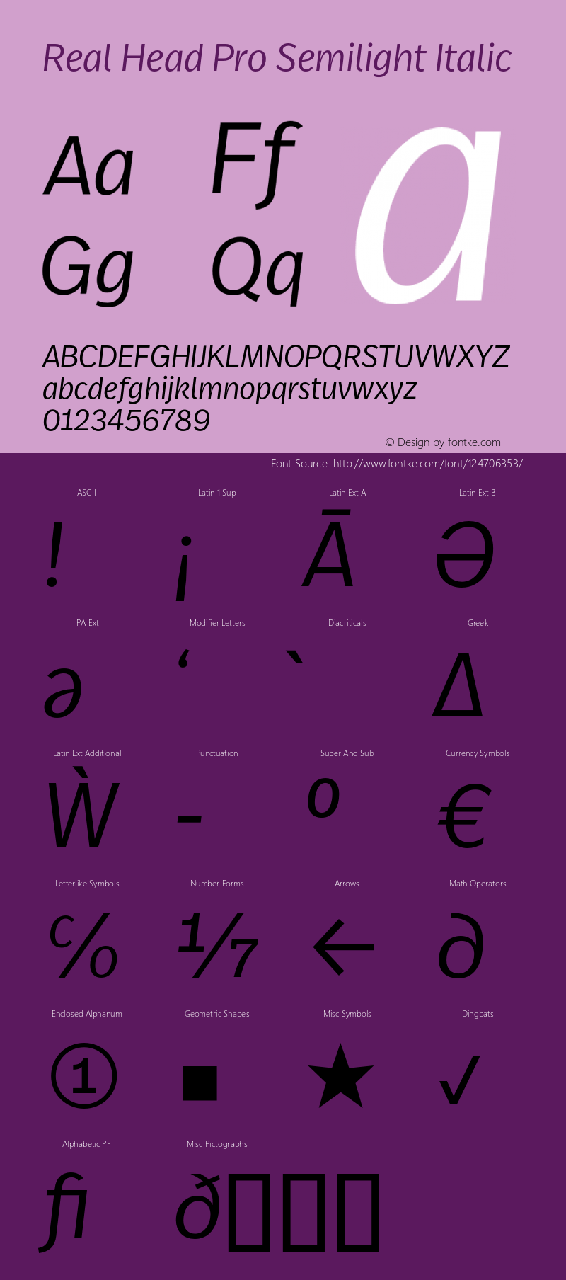 Real Head Pro Semilight Italic Version 7.70 Font Sample