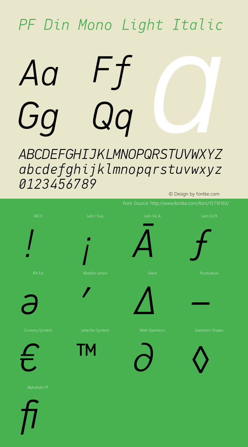 PF Din Mono Light Italic Version 1.000 Font Sample