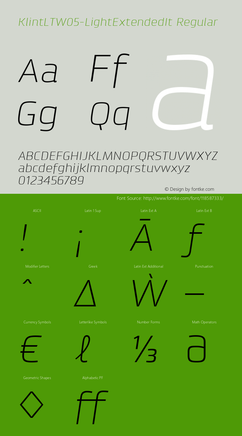 Klint LT W05 Light Extended It Version 1.00 Font Sample