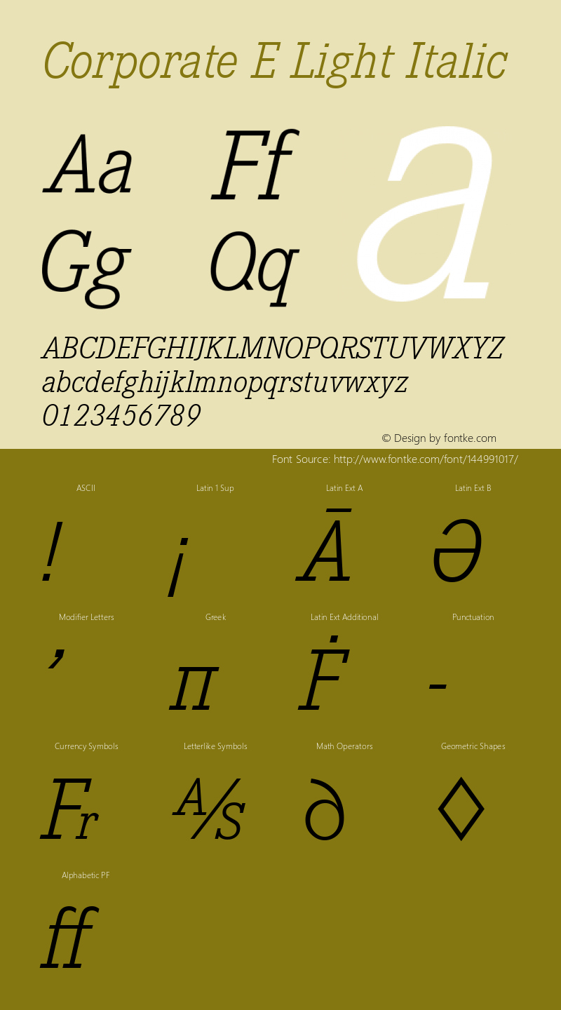 Corporate E Light Italic Version 1.00 Font Sample