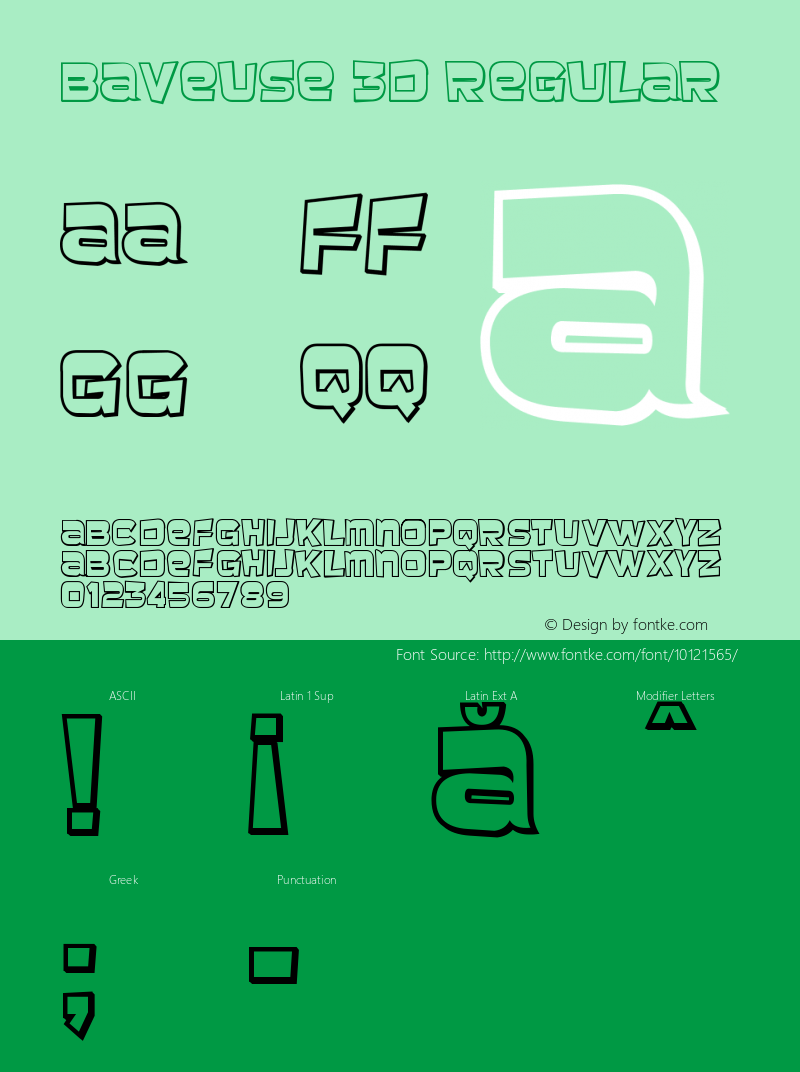 Baveuse 3D Regular Version 1.0; 2000; initial release Font Sample