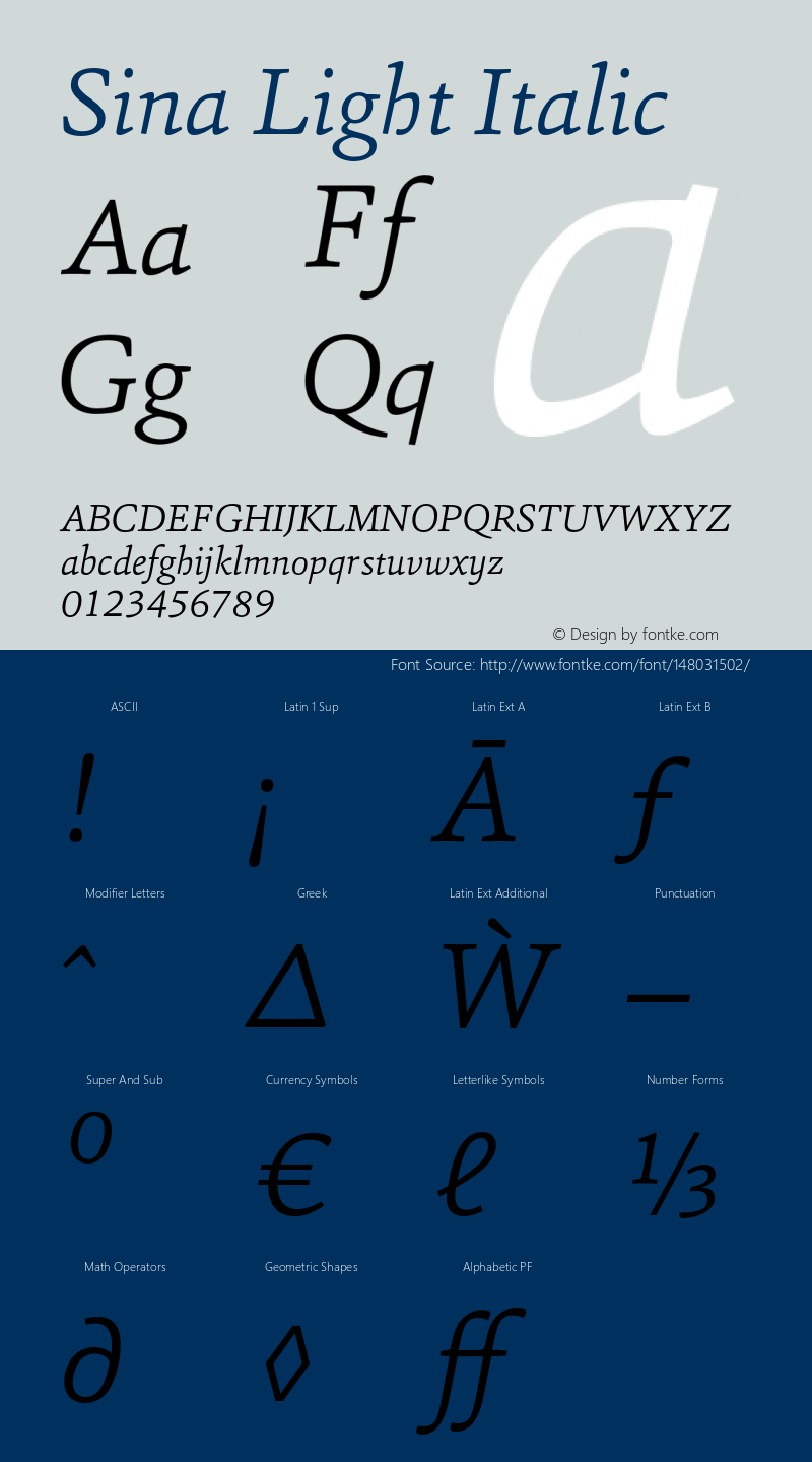 Sina-LightItalic Version 1.00 Font Sample