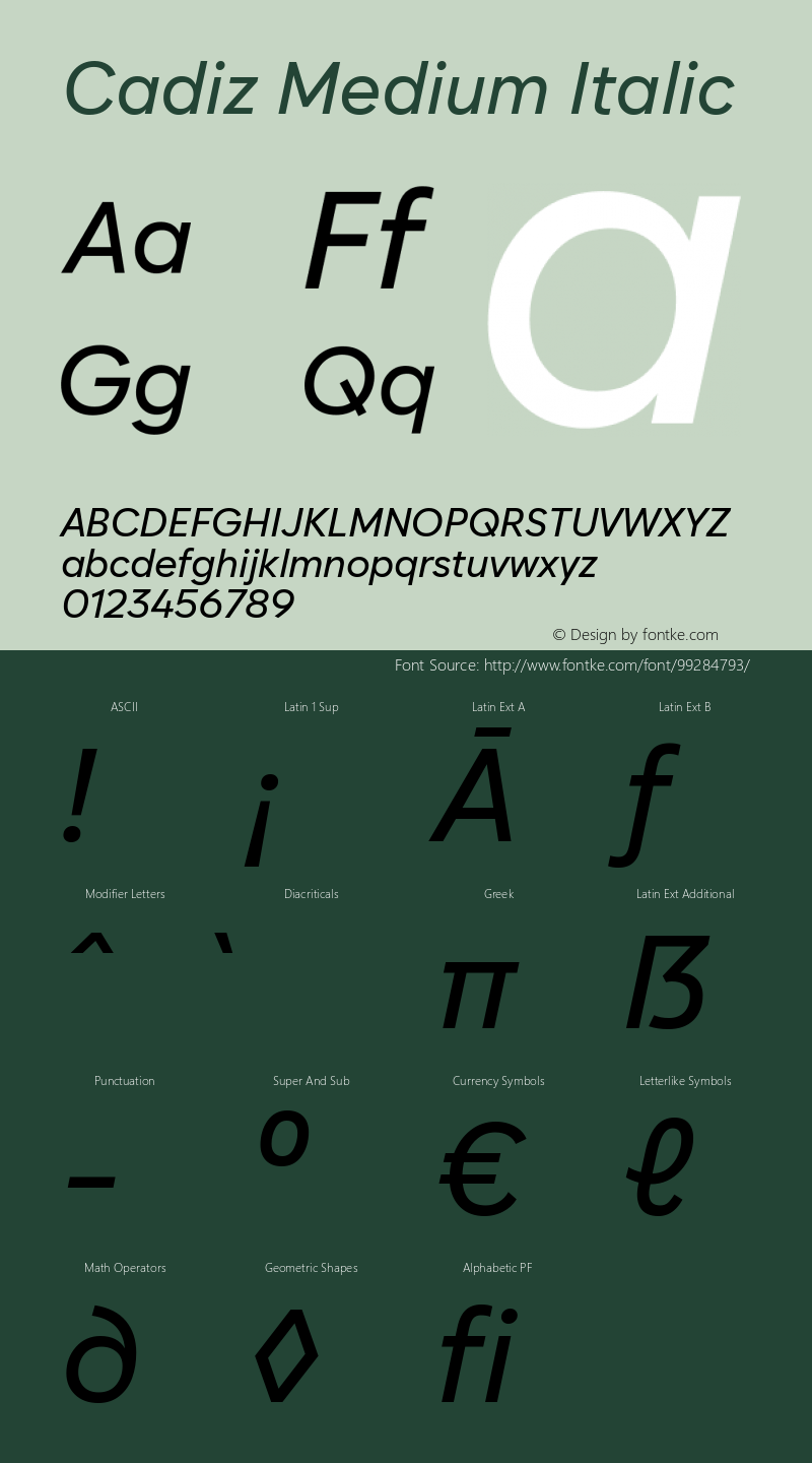 Cadiz Medium Italic 1.000 Font Sample