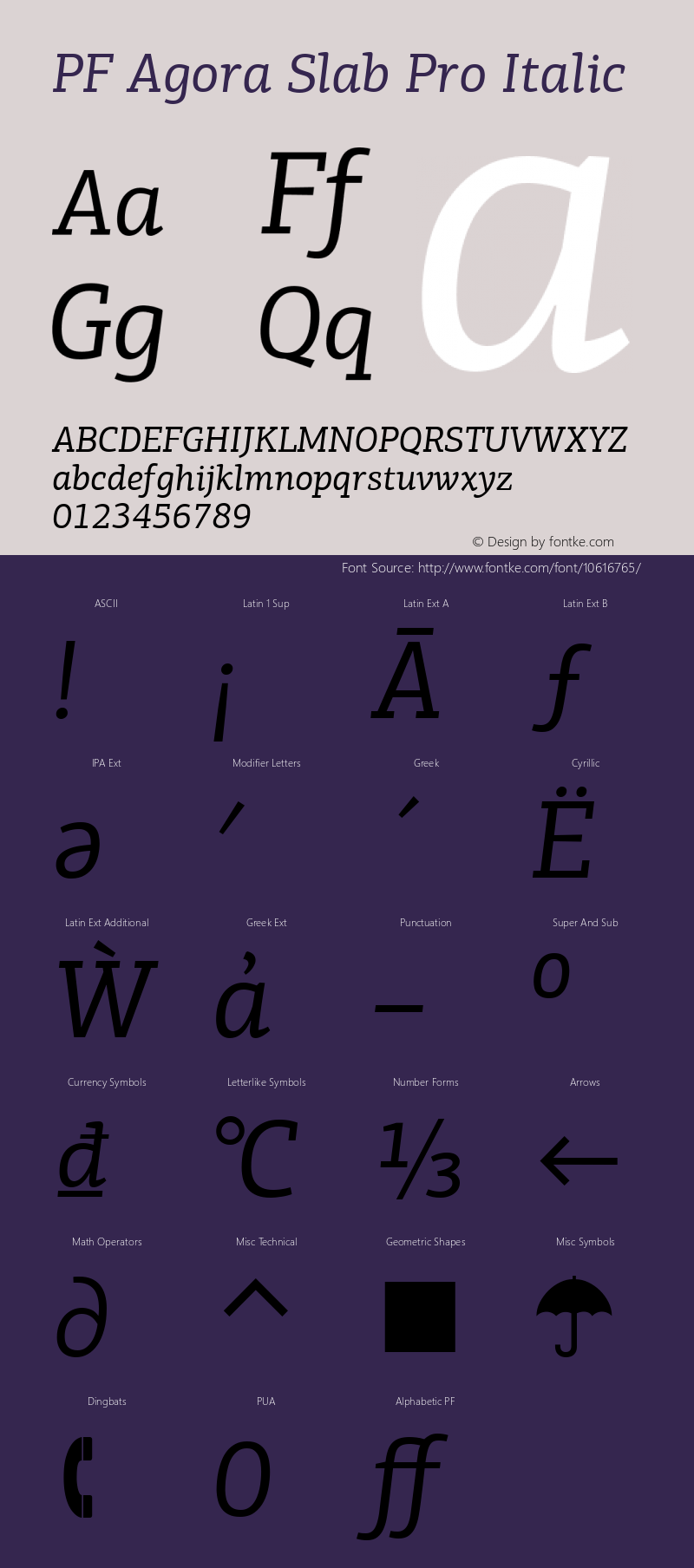 PF Agora Slab Pro Italic Version 1.000 2006 initial release Font Sample