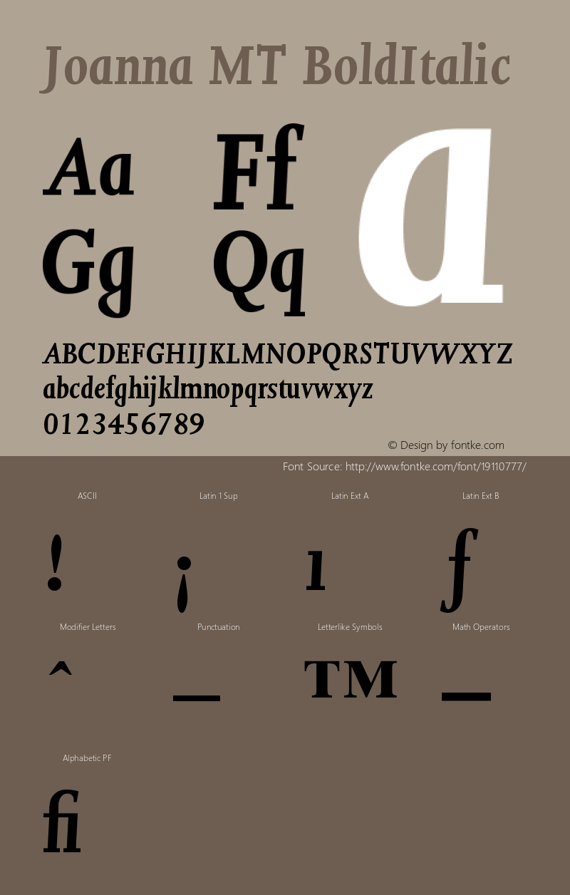 Joanna MT Bold Italic Version 001.000 Font Sample