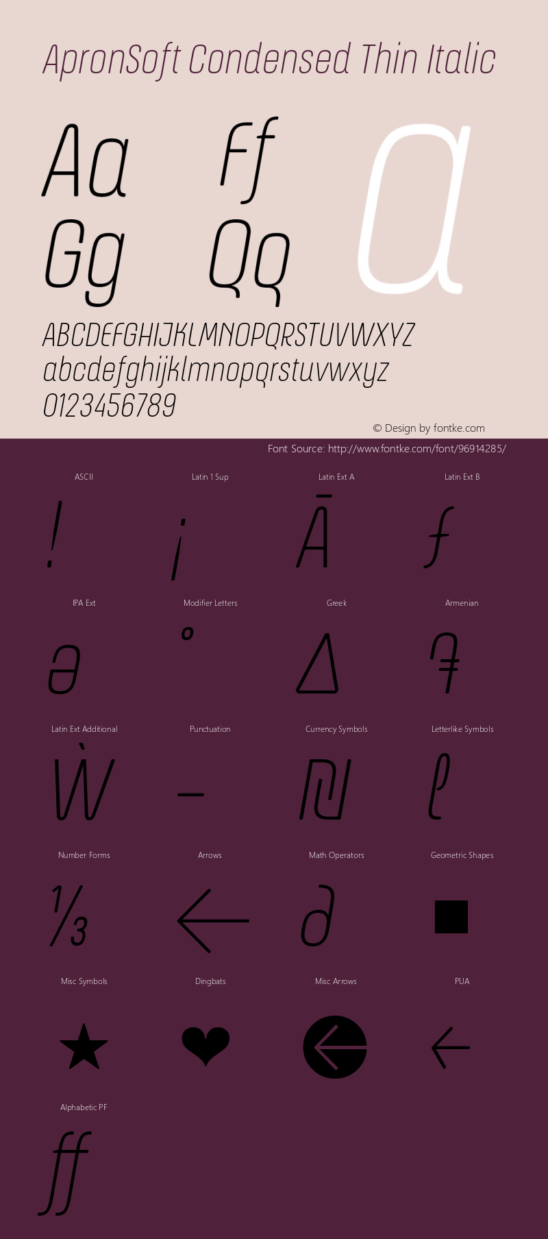 ApronSoft Condensed Thin Italic 1.000 Font Sample