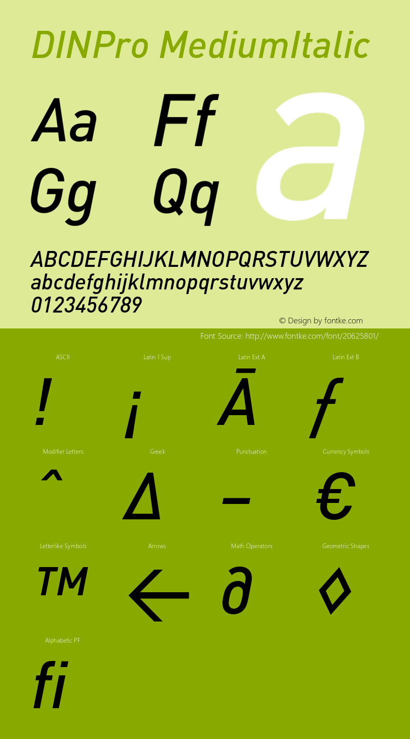 DINPro-MediumItalic Version 7.046; 2005 Font Sample