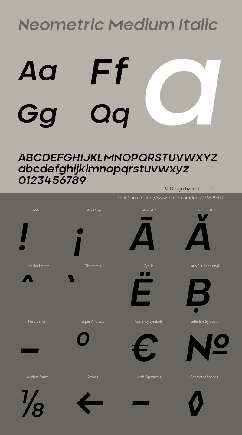 Neometric Medium Italic Version 1.000;PS 001.000;hotconv 1.0.88;makeotf.lib2.5.64775;YWFTv17 Font Sample