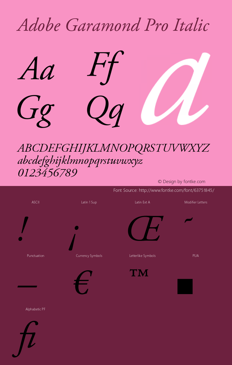 Adobe Garamond Pro Italic Version 2.074;PS 2.000;hotconv 1.0.57;makeotf.lib2.0.21895 Font Sample