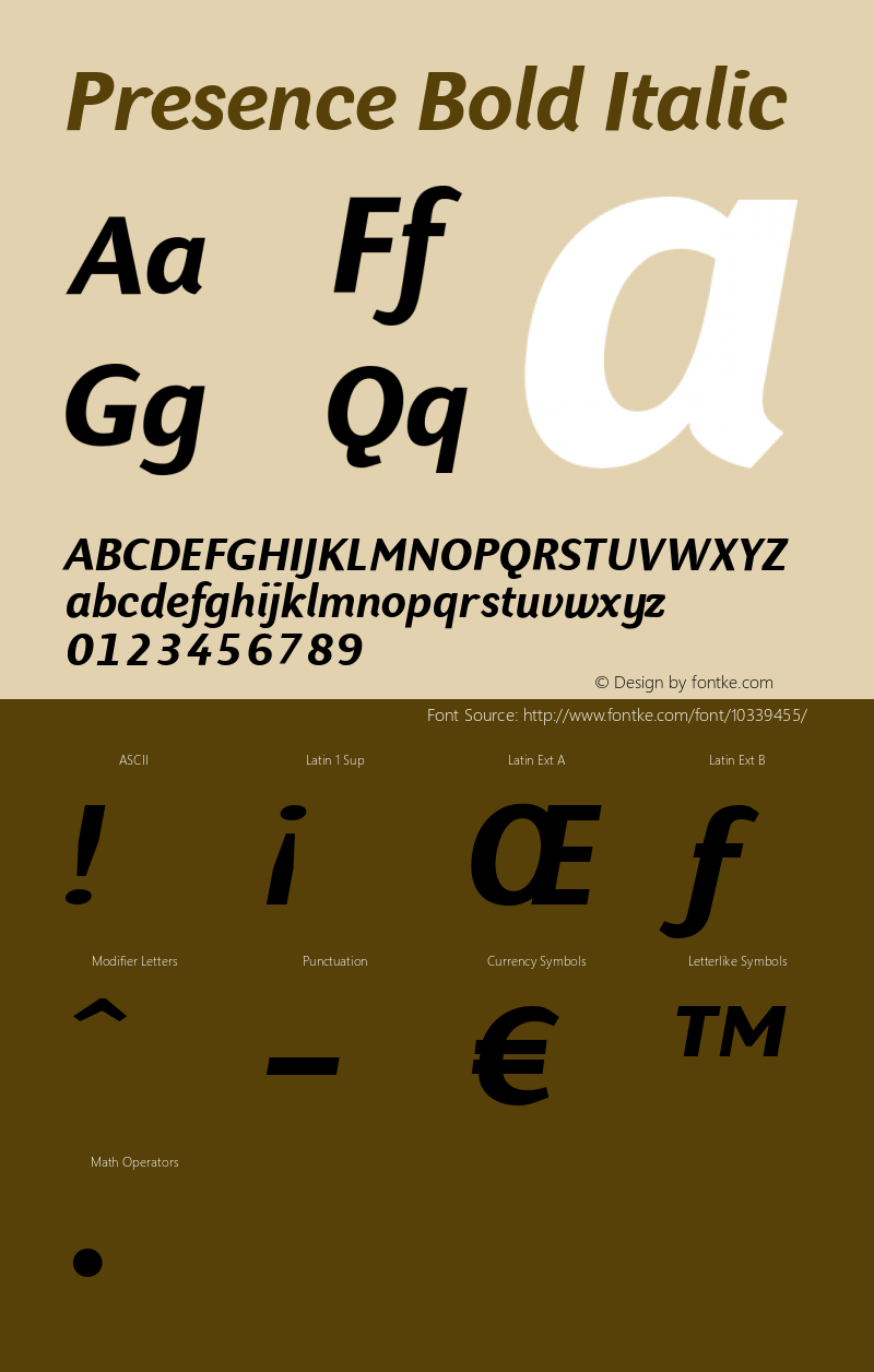 Presence Bold Italic Version 1.0; 1999; initial release Font Sample