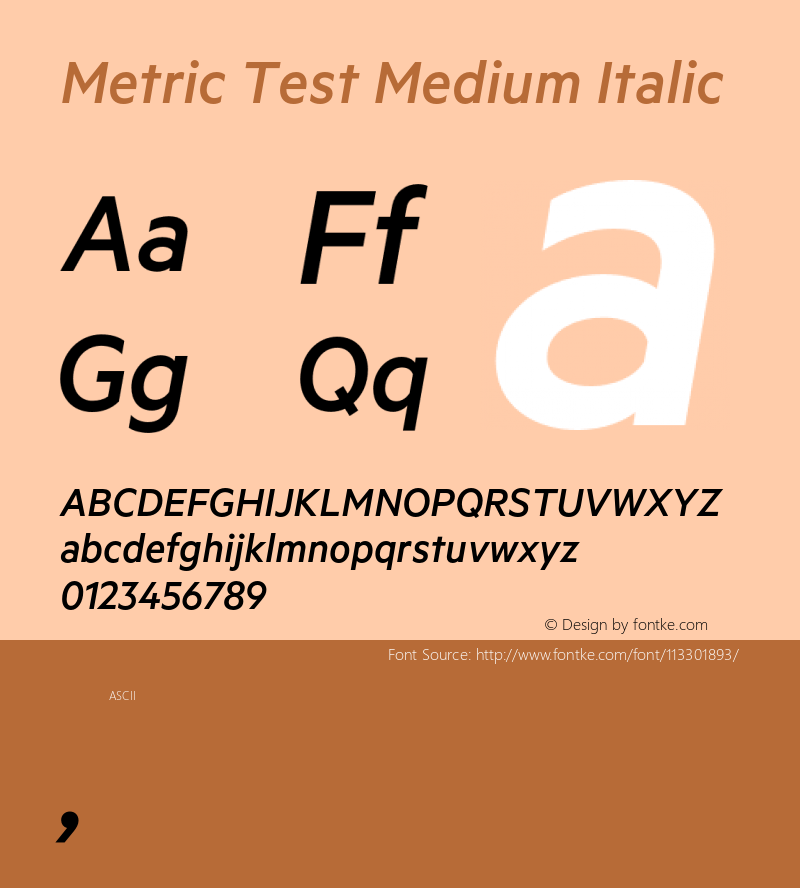 Metric-MediumItalicTest Version 1.001;PS 001.001;hotconv 1.0.57;makeotf.lib2.0.21895;0 Font Sample