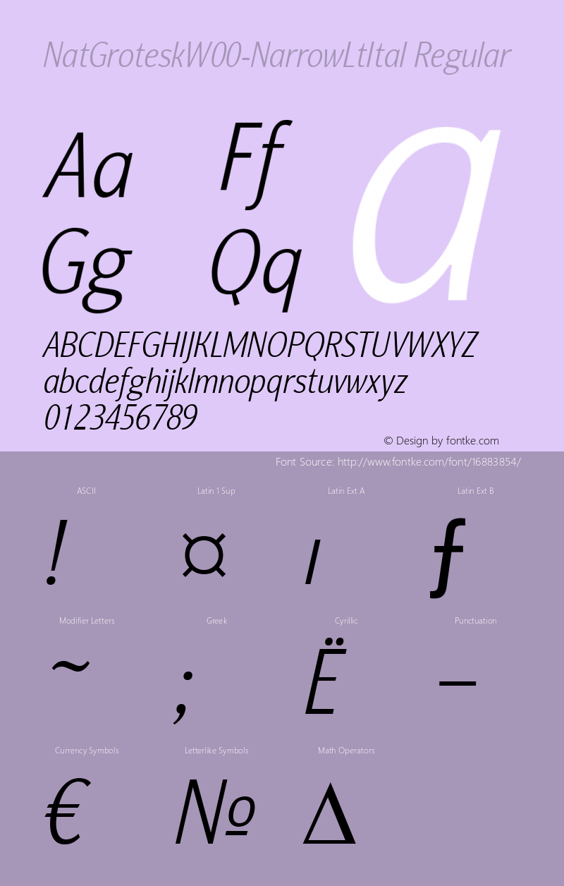 NatGroteskW00-NarrowLtItal Regular Version 1.00 Font Sample