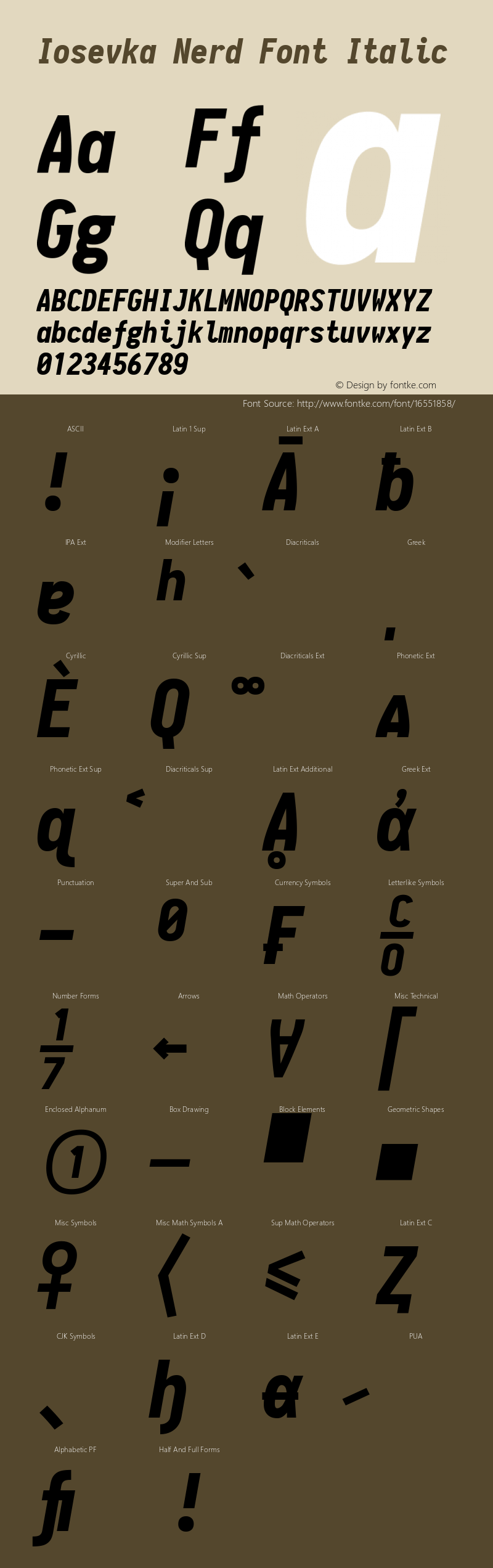 Iosevka Nerd Font Italic 1.8.4; ttfautohint (v1.5) Font Sample