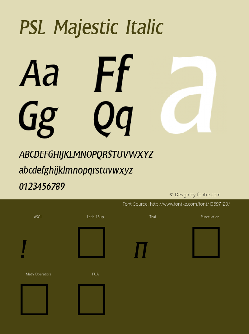 PSL Majestic Italic Version 2.5, for Win 95, 98, NT; release October 1999 Font Sample