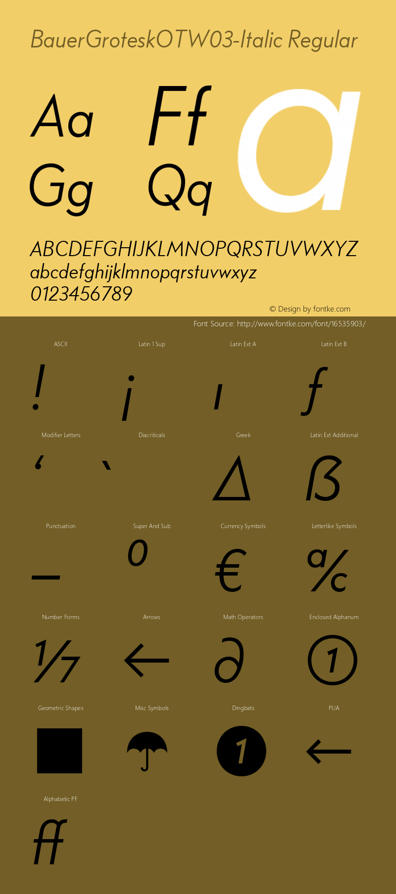 BauerGroteskOTW03-Italic Regular Version 7.504 Font Sample