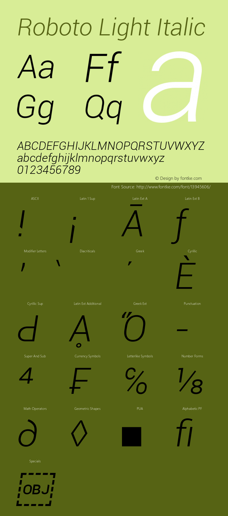 Roboto Light Italic Version 1.00000; 2011 Font Sample