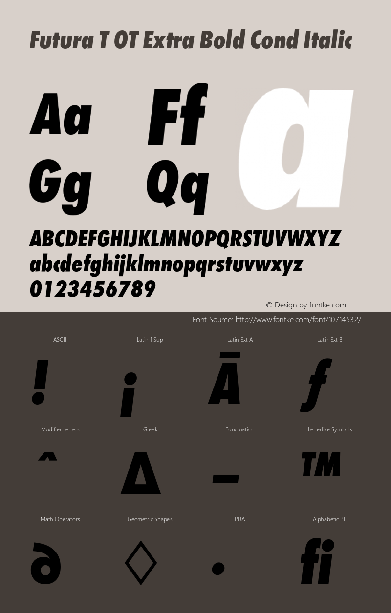 Futura T OT Extra Bold Cond Italic OTF 1.001;PS 1.05;Core 1.0.27;makeotf.lib(1.11) Font Sample