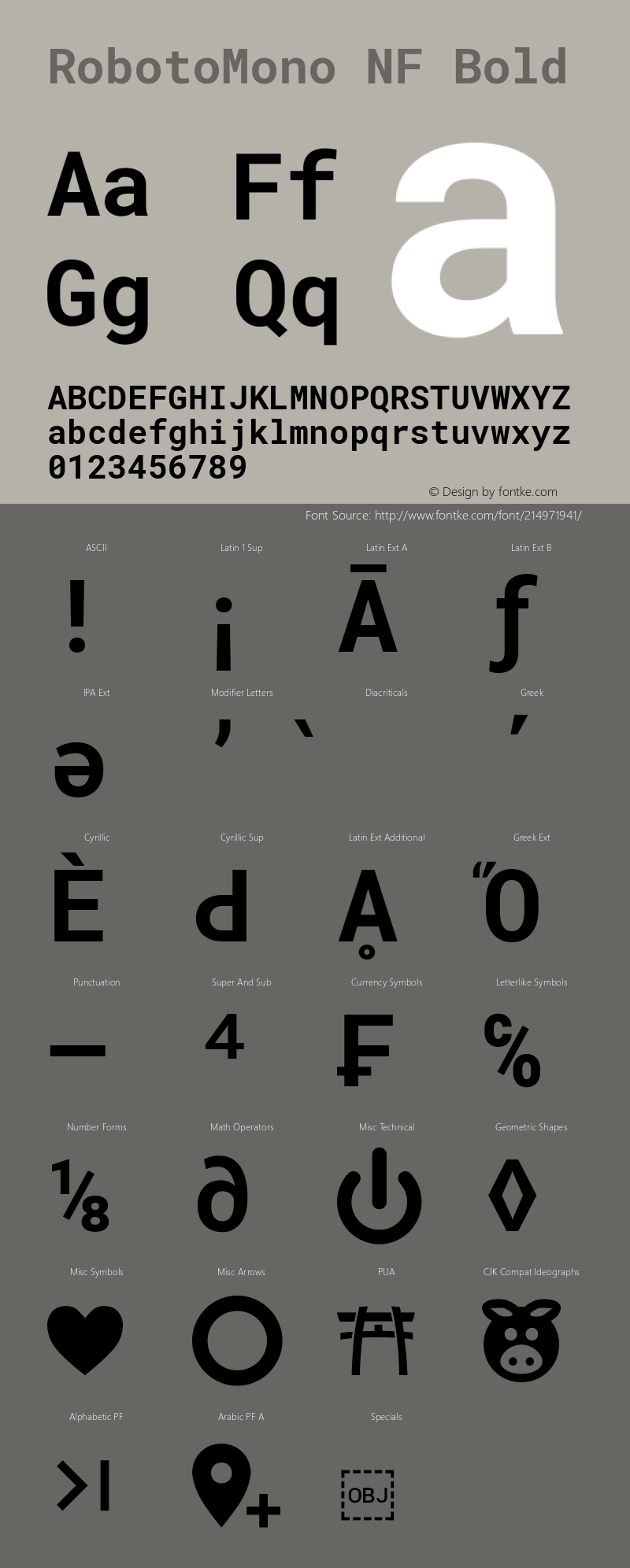 Roboto Mono Bold Nerd Font Complete Windows Compatible Version 2.000986; 2015; ttfautohint (v1.3);Nerd Fonts 2.1.0图片样张