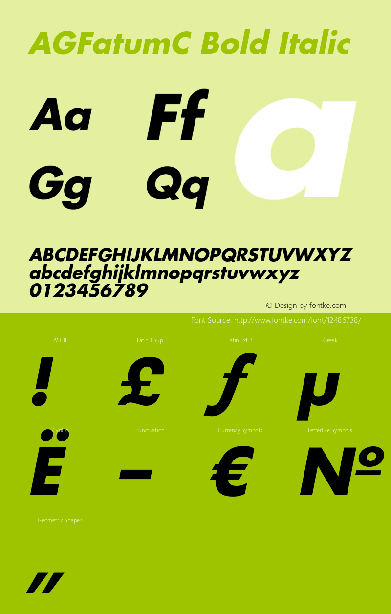 AGFatumC Bold Italic OTF 1.0;PS 001.000;Core 116;AOCW 1.0 161 Font Sample